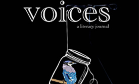 Cover VOICES literary journal with blue bird in jar hanging by thread