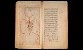 Historical medical book with human anatomy drawing on left and text on right