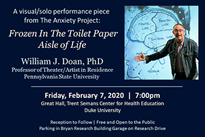 Frozen In The Toilet Paper Aisle of Life poster with image William J. Doan in front of brain drawing