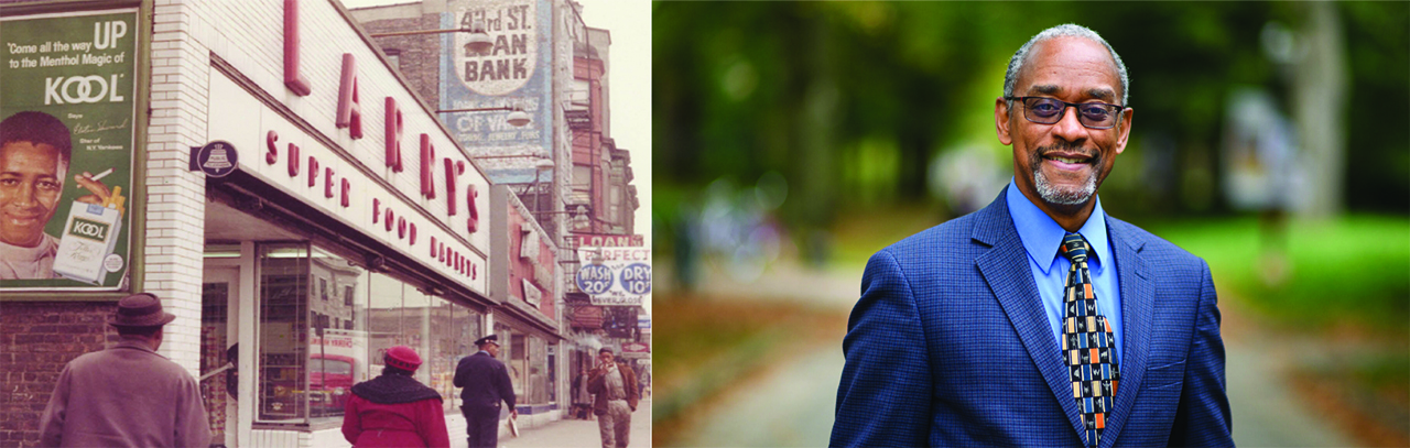 Sidewalk scene with people and sign advertising Kool cigarettes on store wall (from book cover) and headshot of Keith Wailoo