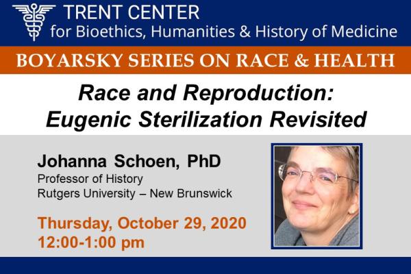 Boyarsky Series on Race & Health - Race and Reproduction: Eugenic Sterilization Revisited - Johanna Schoen, PhD - Th Oct 29, 2020, 12-1pm