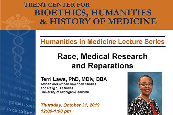 Race, Medical Research, and Reparations poster with Terri Laws headshot