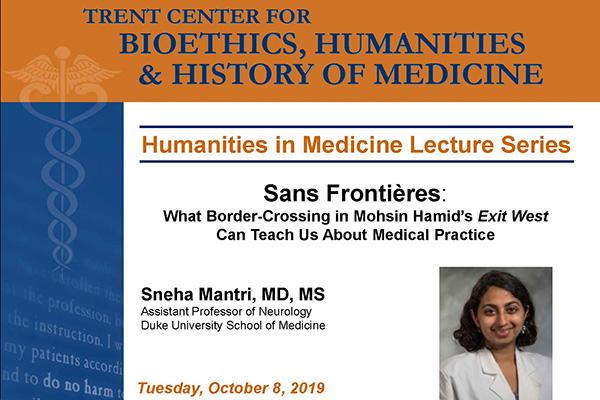 Sans Frontières: What Border-Crossing in Mohsin Hamid’s Exit West Can Teach Us About Medical Practice poster with Sneha Mantri headshot