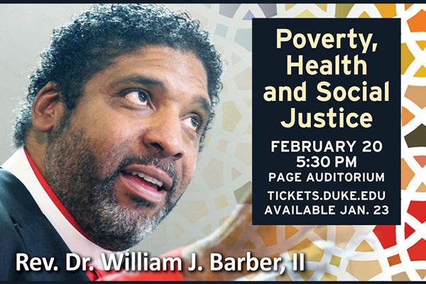 Headshot Rev Barber speaking with text: Poverty, Health and Social Justice - February 20